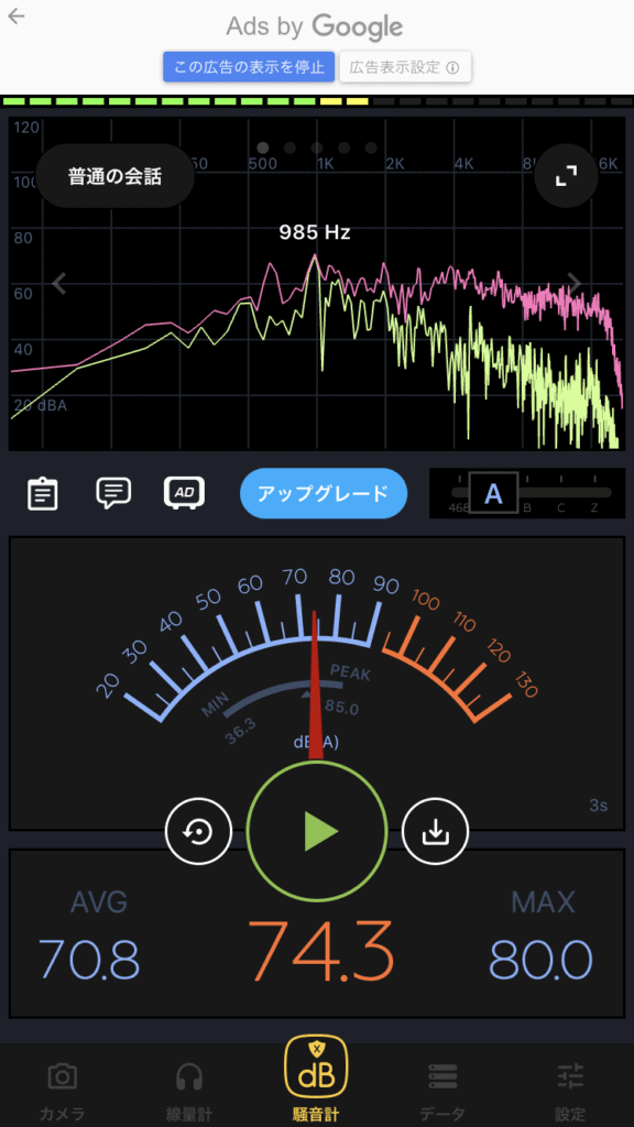 SLG200Sを弾いたときの騒音計アプリ