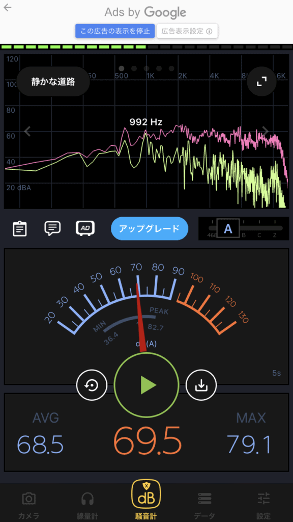 エレキギターを弾いたときの騒音計アプリ