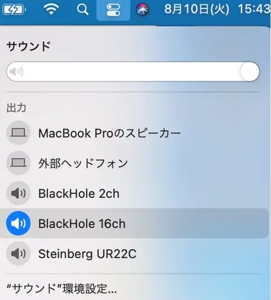 サウンド設定でBlackHole 16chを指定する