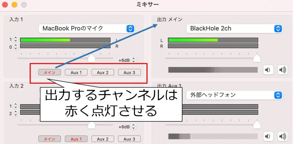 LadioCastの入力はボタンでどの出力チャンネルに出すか選択できる