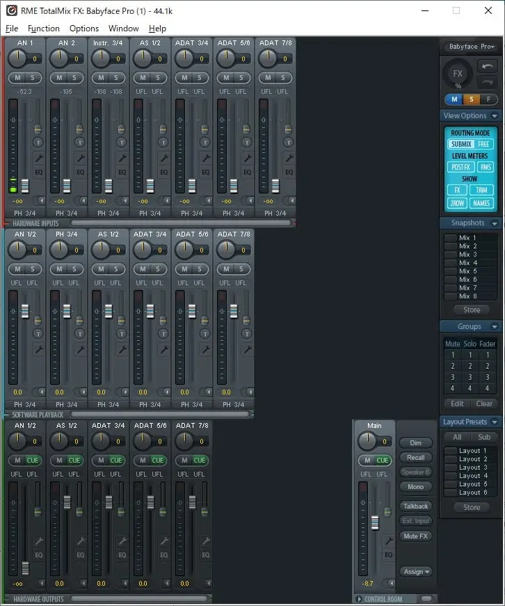 RME Totalmix FXのWindows画面