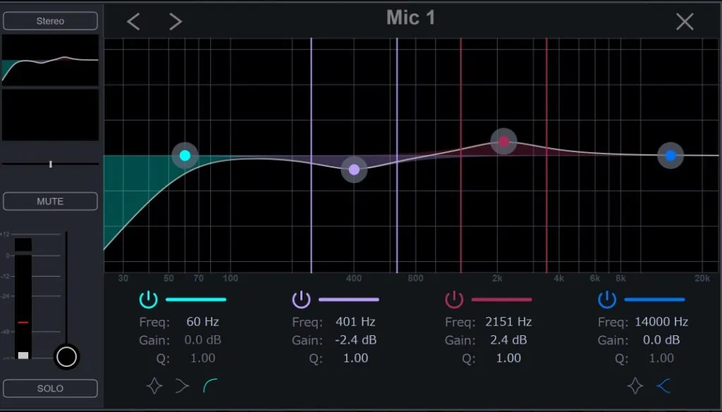 CueMix 5のEQ設定画面