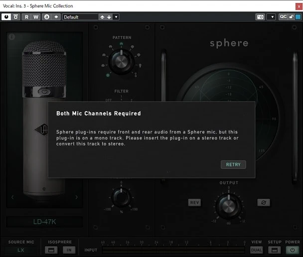 Universal Audio Sphere LX 専用プラグイン。フロント・リアをステレオで認識させなかった場合のエラー画面