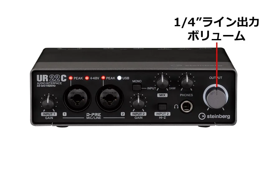 Steinberg UR22Cの1/4インチライン出力は前面のボリュームノブで音量調整可能