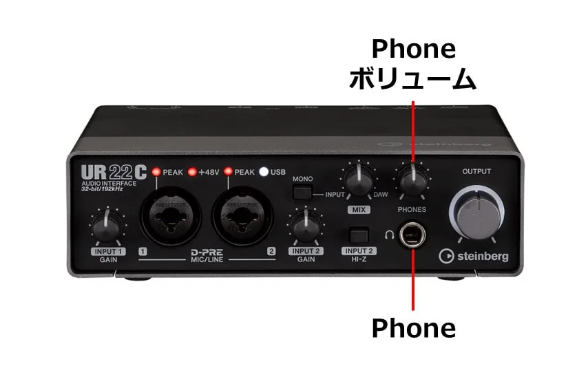 Steinberg UR22CのPhone端子とPhoneのボリュームノブ