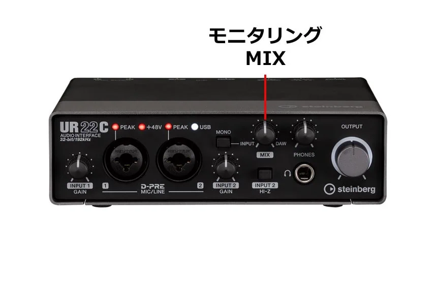 Steinberg UR22CのモニタリングMIXノブ。ダイレクトモニタリングとPCの音量バランスを調整する