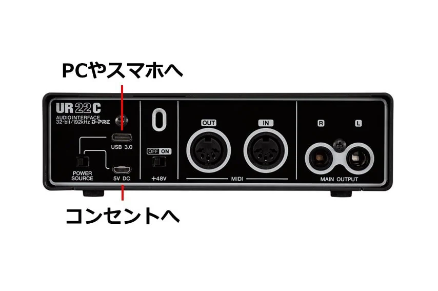 Steinberg UR22C。USB 2.0で接続するときはケーブルを2本接続する必要がある