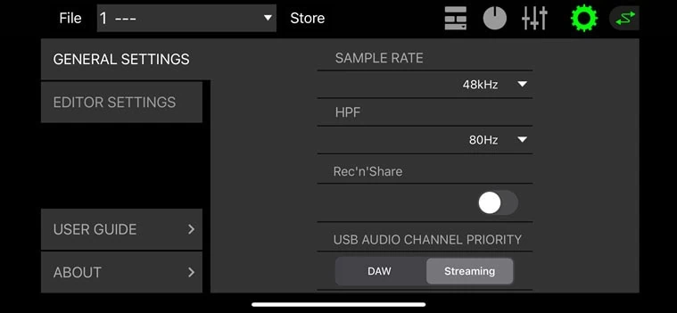 iOS版dspMixFxでDAWとSTREAMINGを切りかえる画面