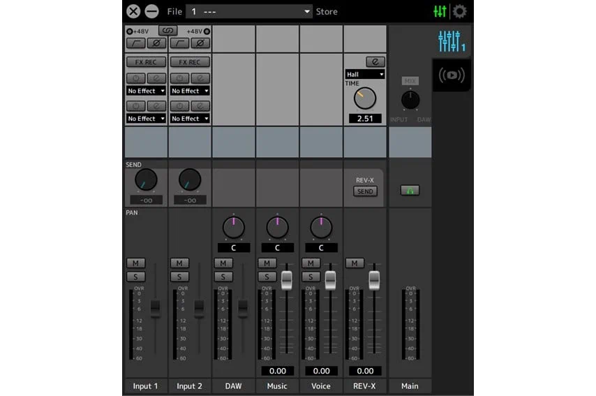 Steinberg UR22Cの専用アプリ dspMixFx3を使用している画面