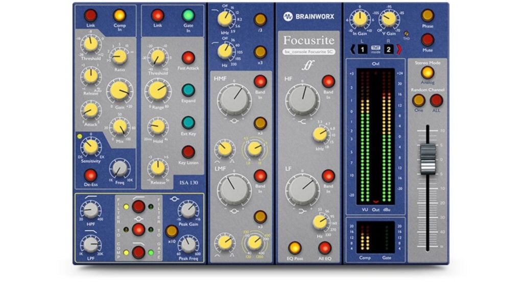 Brainworx製「bx_console Focusrite SC」プラグインのインターフェースで、コンプレッサー、ゲート、EQ、VUメーターなどの各種パラメーター調整画面