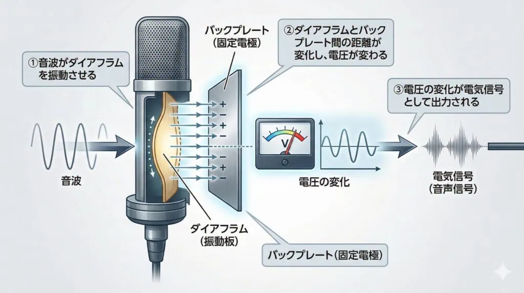 コンデンサーマイクの仕組みを解説した図。音波でダイアフラムが振動し、バックプレートとの距離変化によって電圧が変化し、電気信号として出力される流れを示している
