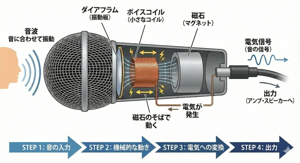 ダイナミックマイクの仕組みを解説した図。音波でダイアフラムが振動し、ボイスコイルが磁石の中で動くことで電気信号が発生し、アンプやスピーカーへ出力される流れを示している