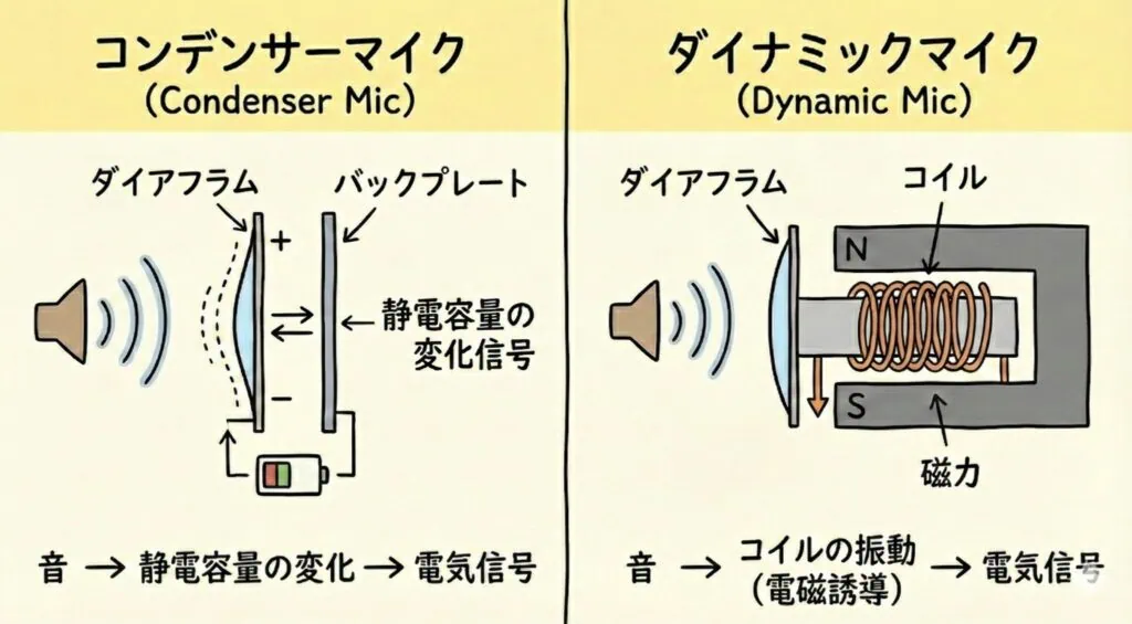 コンデンサーマイクとダイナミックマイクの構造と仕組みの違いを比較した図解
