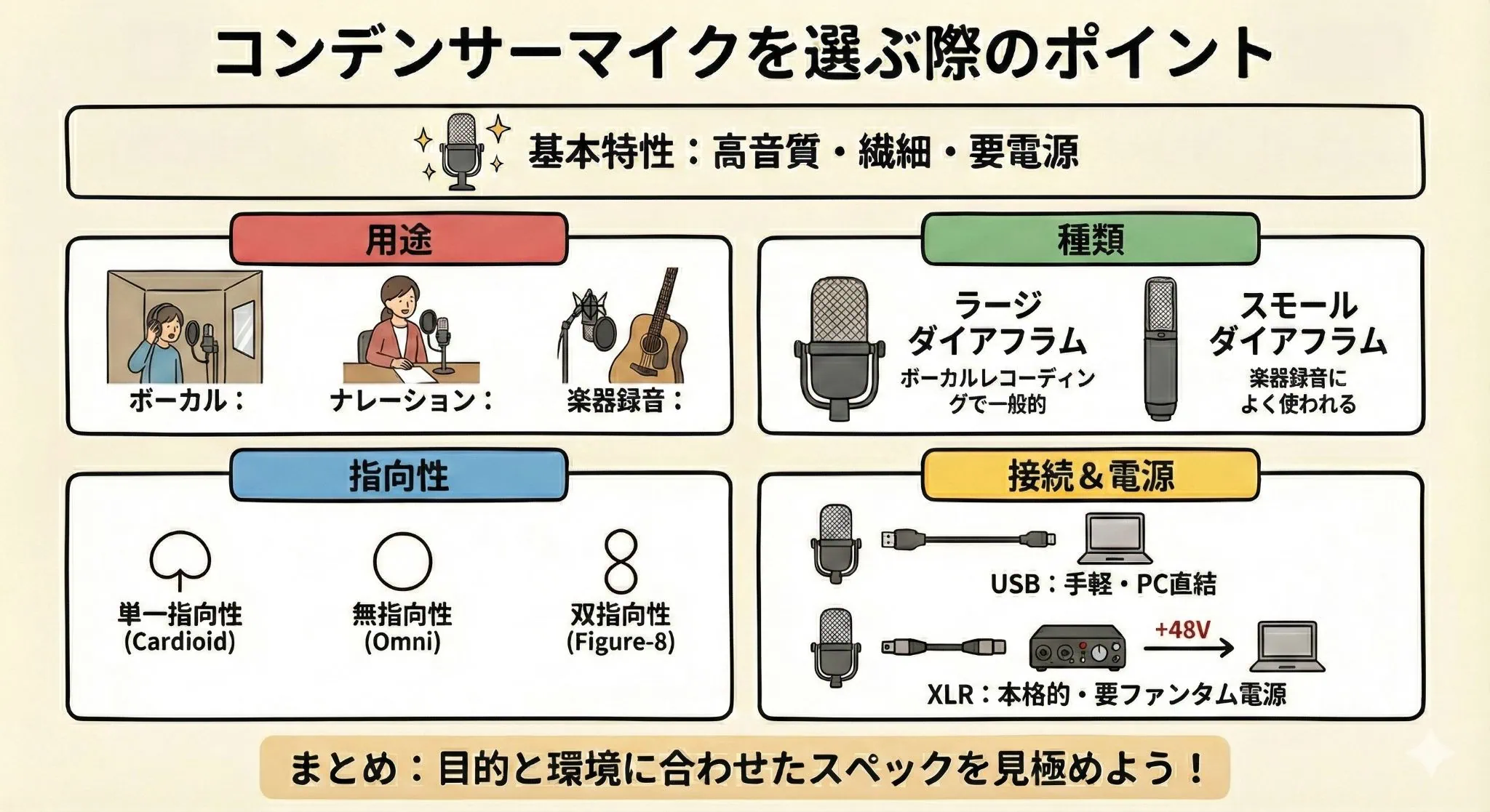 コンデンサーマイクの用途、種類、指向性、接続方式（USB・XLR）を整理して選び方を解説した図