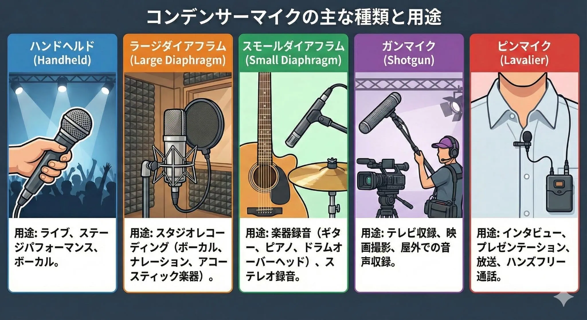 ハンドヘルド、ラージダイアフラム、スモールダイアフラム、ガンマイク、ピンマイクの用途を解説した図