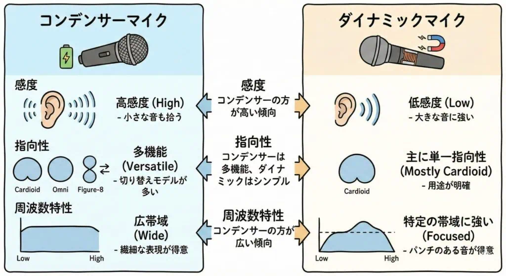 コンデンサーマイクとダイナミックマイクの感度、指向性、周波数特性の違いを視覚的に比較した解説図
