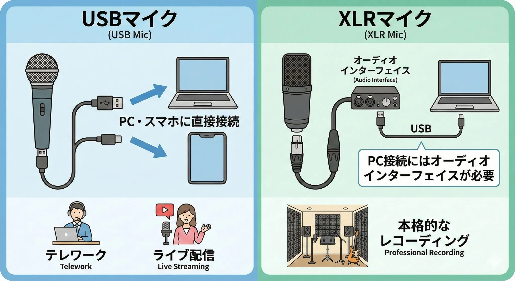 USBマイクとXLRマイクの違いを、接続方法・使用シーン（テレワーク、配信、録音）で比較した図解
