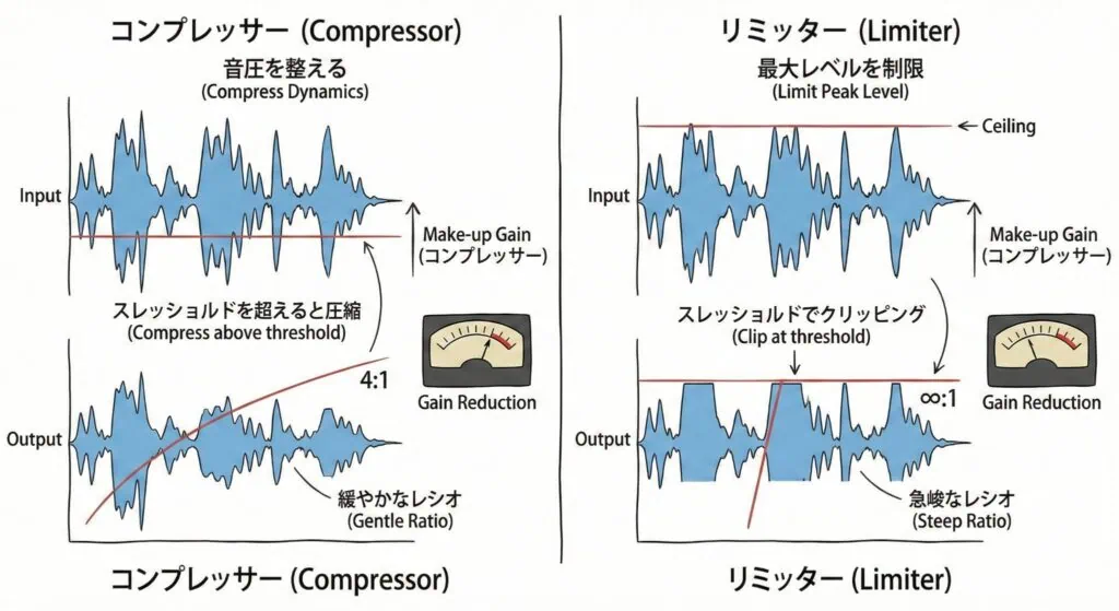 コンプレッサーとリミッターの違いを示した図解。コンプレッサーはスレッショルド以上の音を緩やかなレシオで圧縮し音圧を整え、リミッターは∞:1の急峻なレシオで最大ピークレベルを制限する仕組みを比較している。